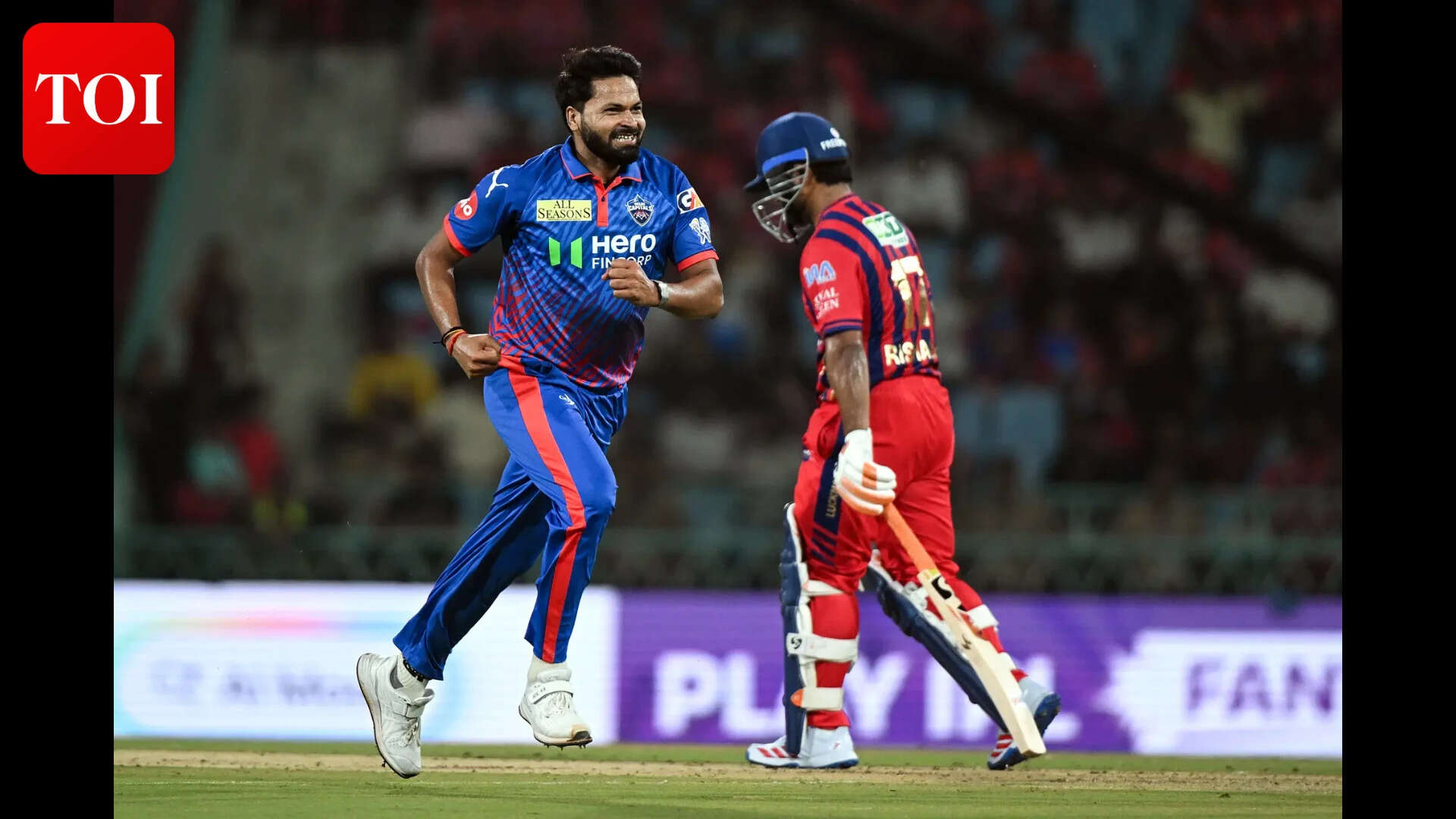 Lucknow, Apr 01 (ANI): Delhi Capitals' Mukesh Kumar celebrates the wicket of Luc...