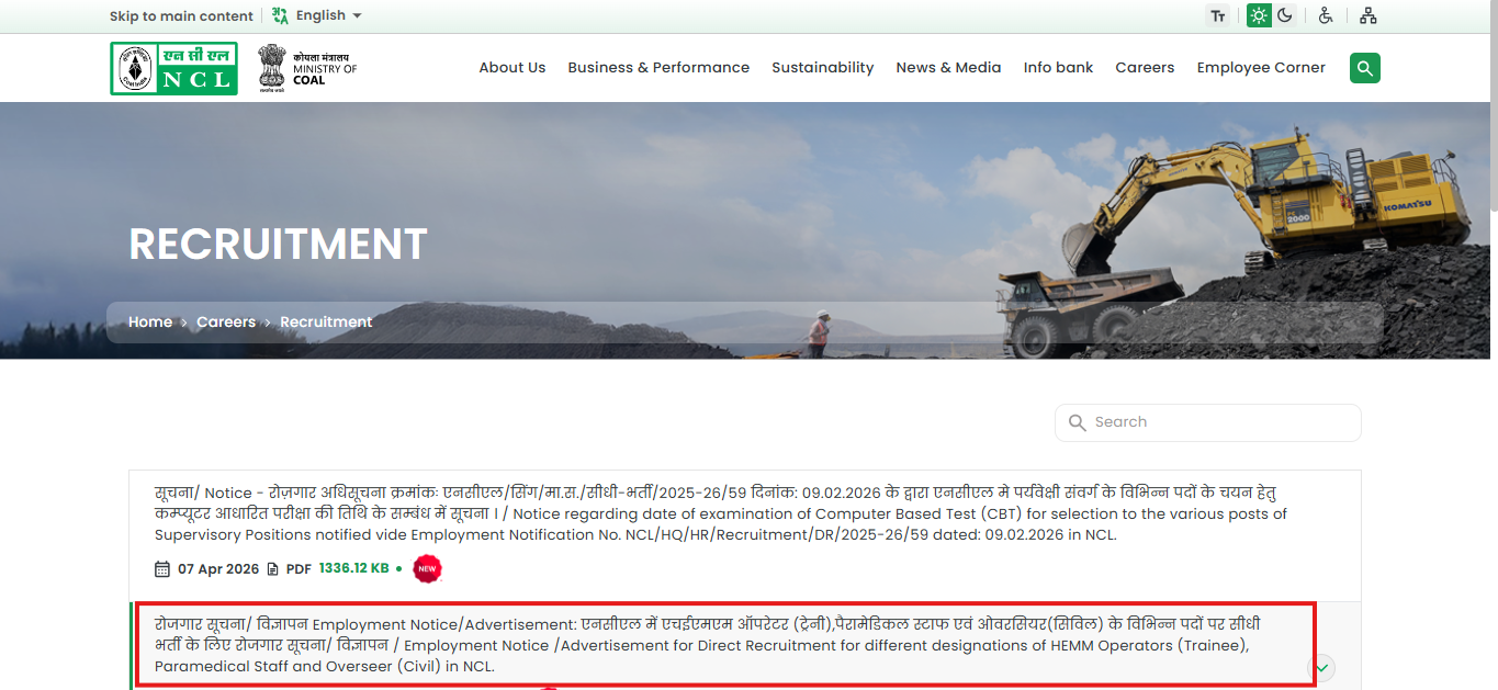 NCL recruitment 2026: Notification released for 577 posts; registration begins on April 9