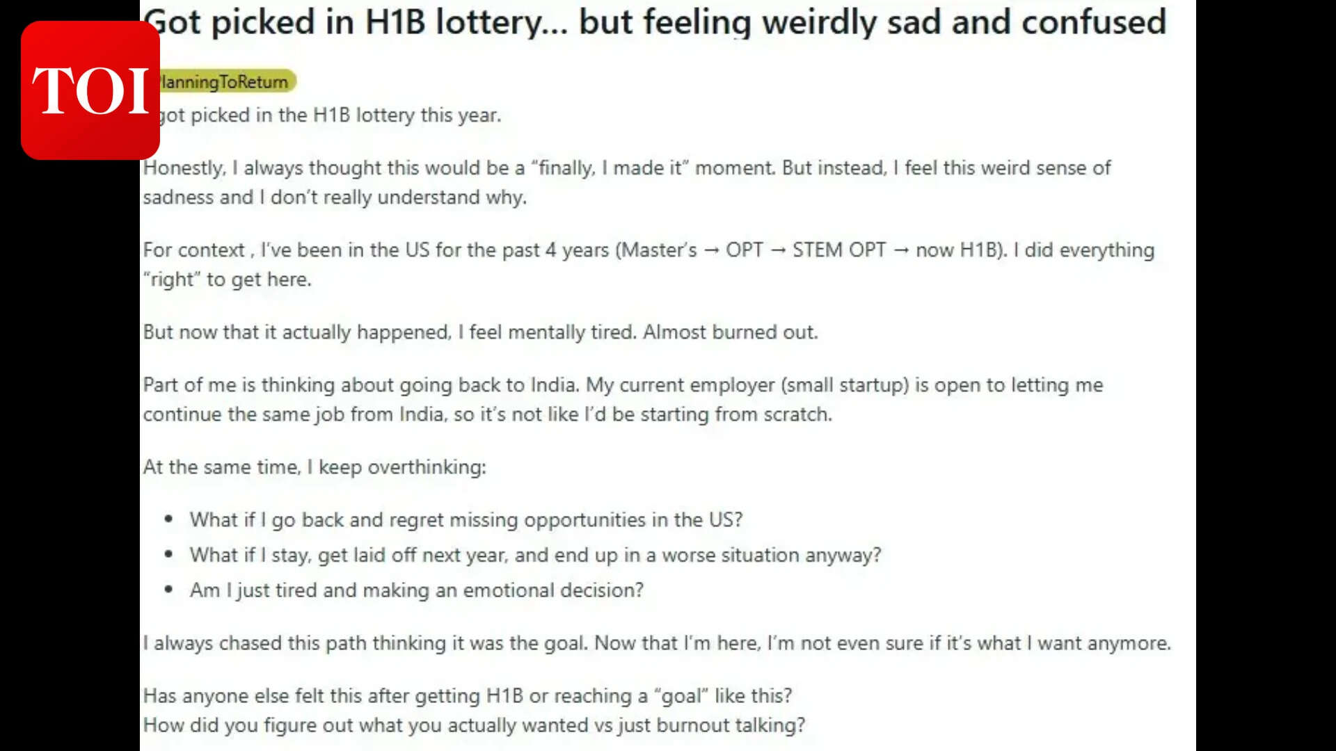 Redditor says H-1B lottery selection did not bring any joy because of mental burnout.