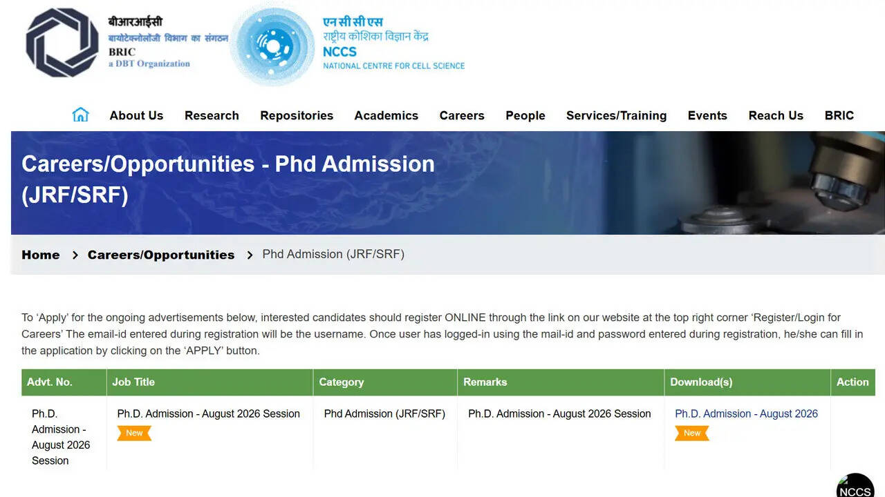 NCCS Ph.D. admissions 2026 open under BRIC, DBT, CSIR, UGC, and BINC fellowships