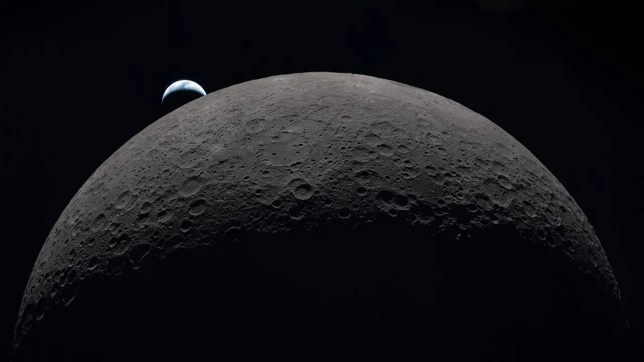 A crescent Earth setting behind a hemisphere of the Moon. (Image credit: Nasa)