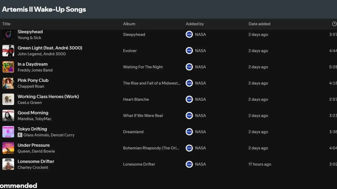 Nasa Artemis II Spotify playlist