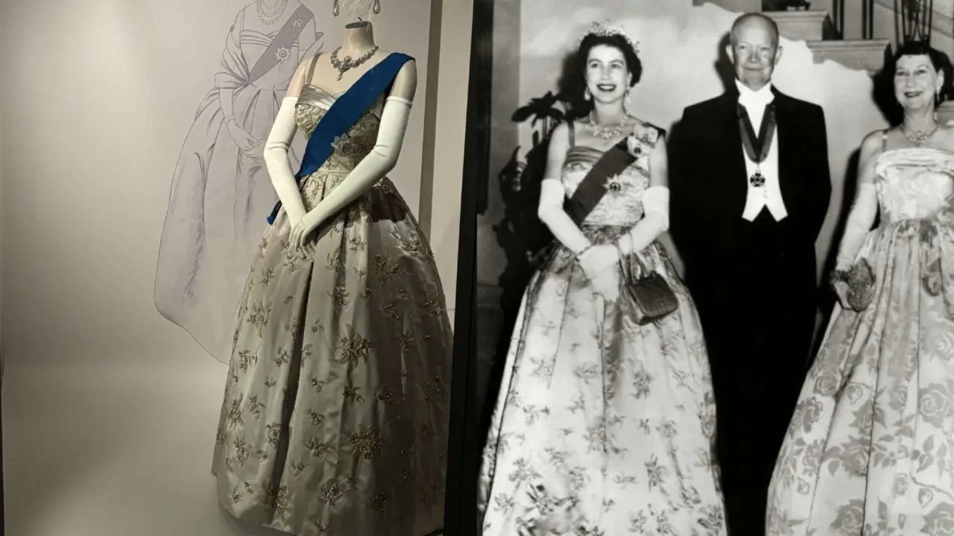 The gown was donned by the queen at the state banquet thrown in honour of US President Dwight Eisenhower at the British Embassy in Washington DC.<br>