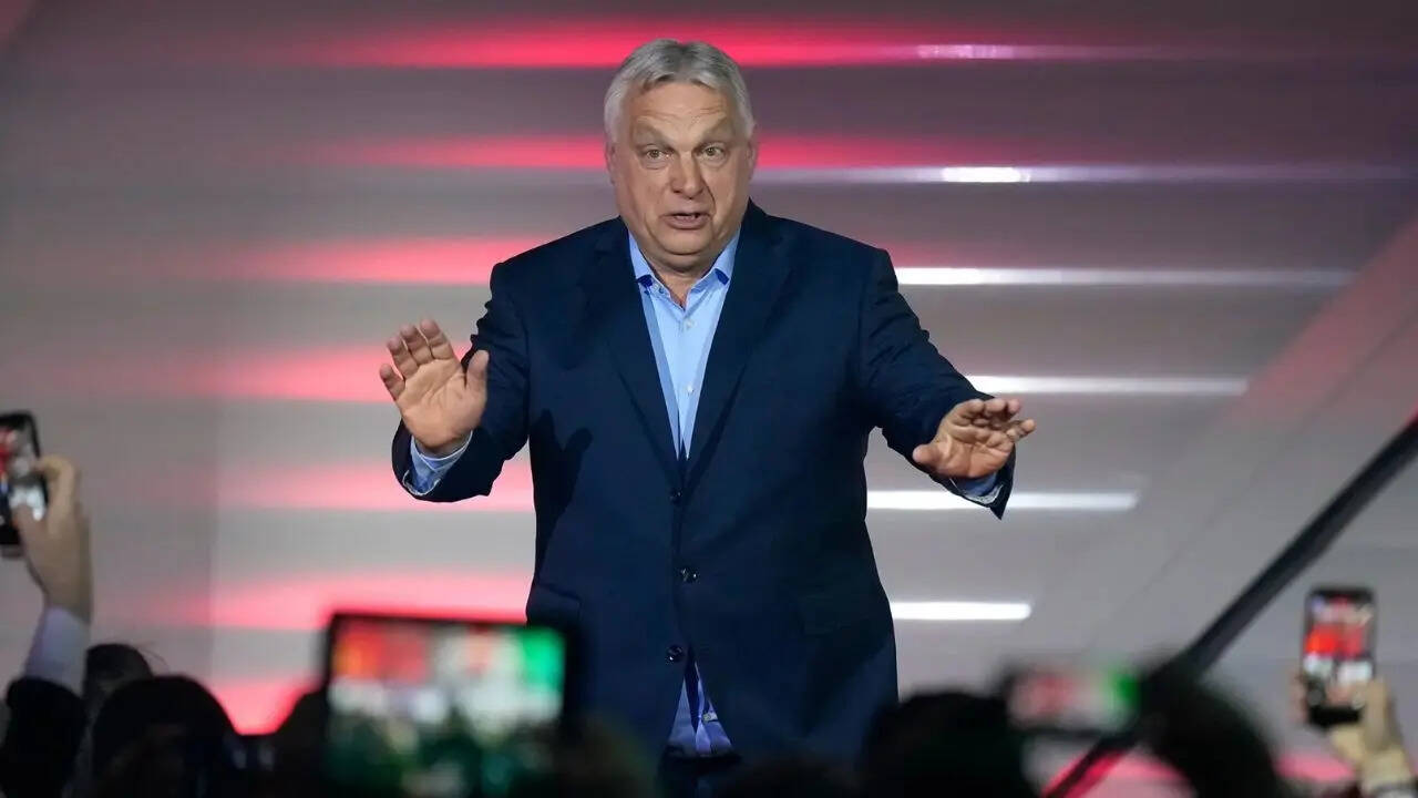 Hungary's PM Viktor Orban addresses after receiving the results of a parliamentary election in Budapest