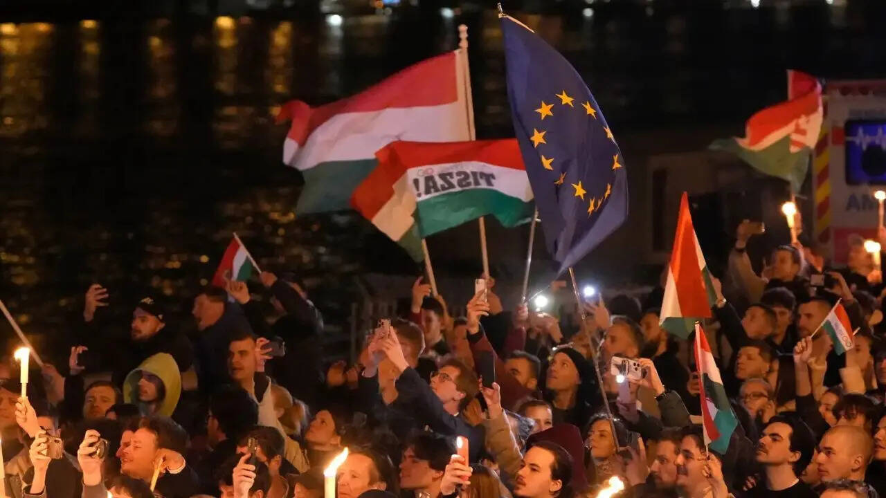 Supporters of Peter Magray with Hungary and EU flag