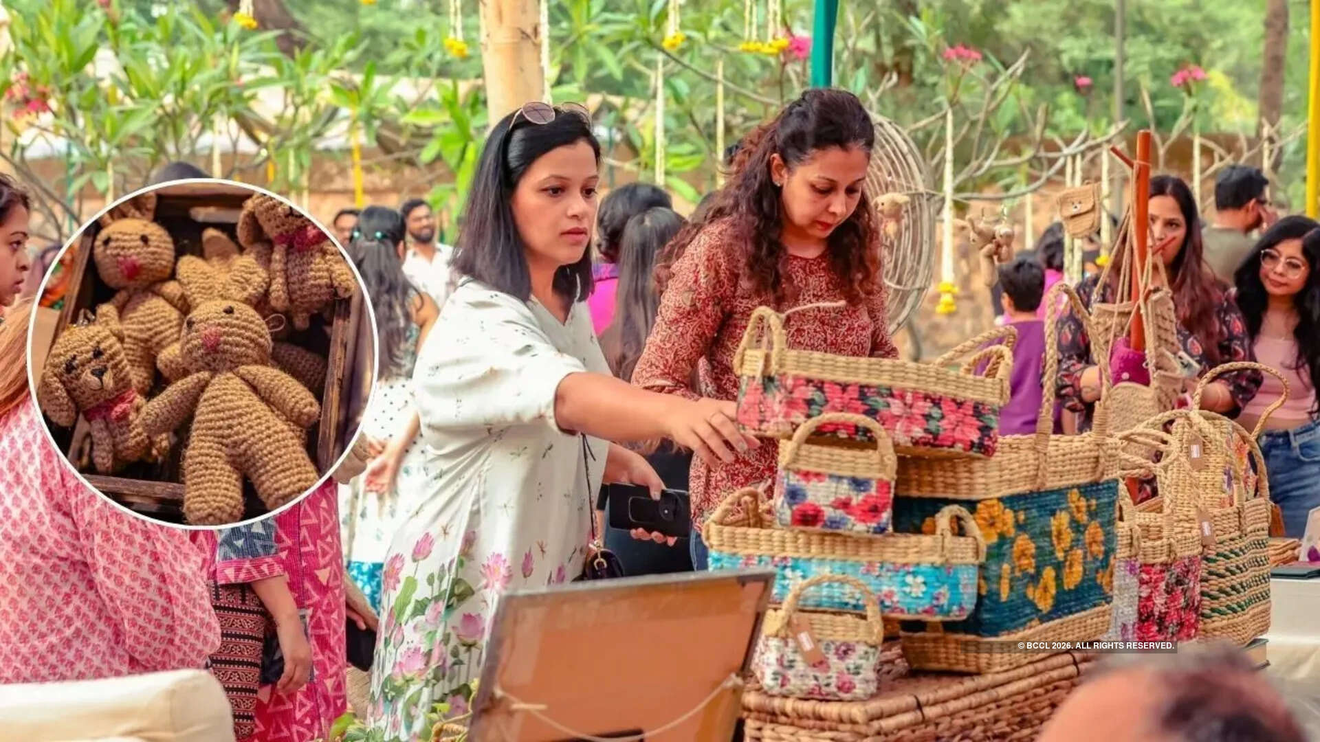 Attendees sampled pickles and handmade chutneys, enjoyed the food on offer, and browsed stalls selling jewellery, decor, and candles (inset: jute crochet items)