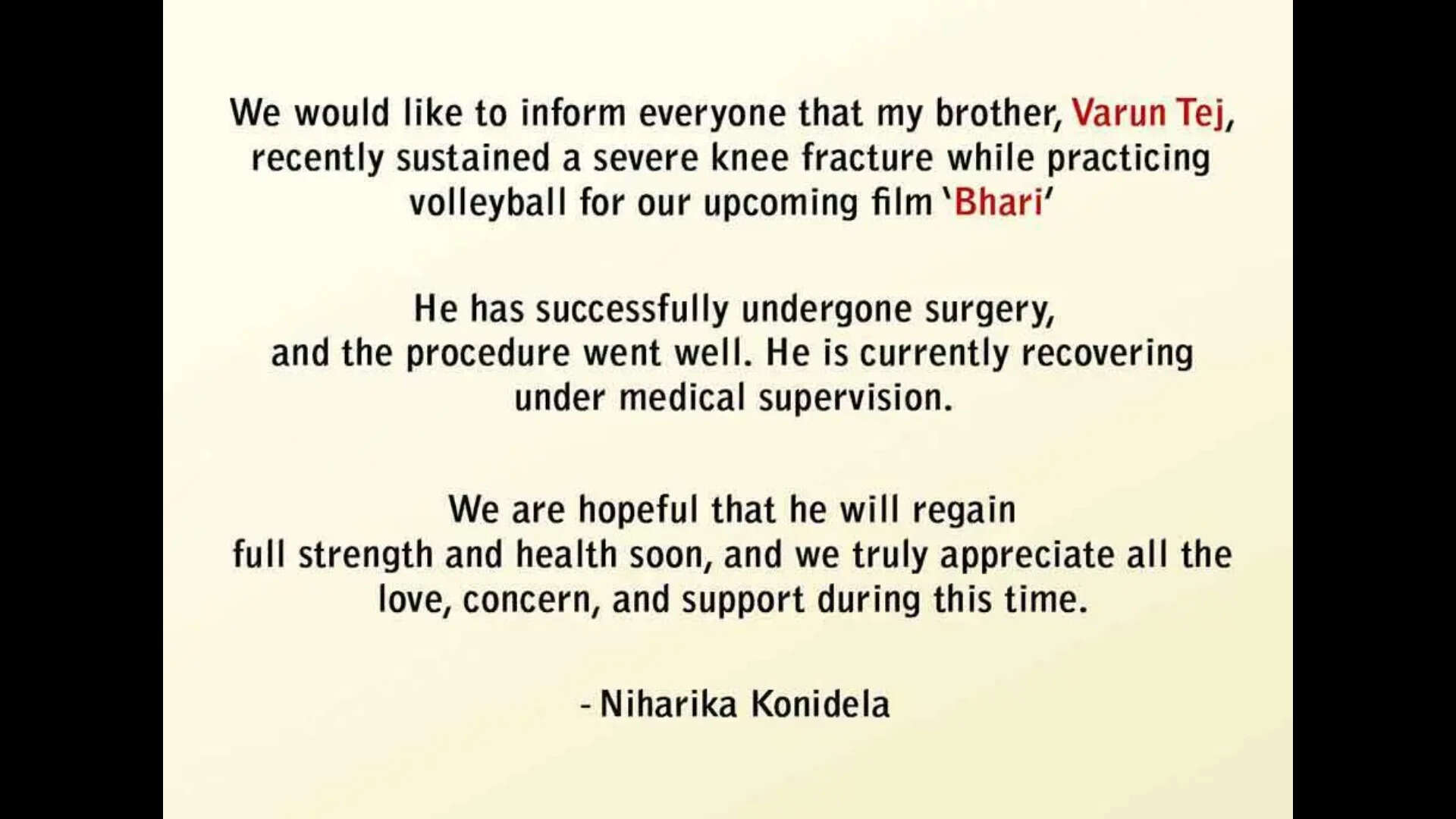 Niharika Konidela on Varun Tej's injury