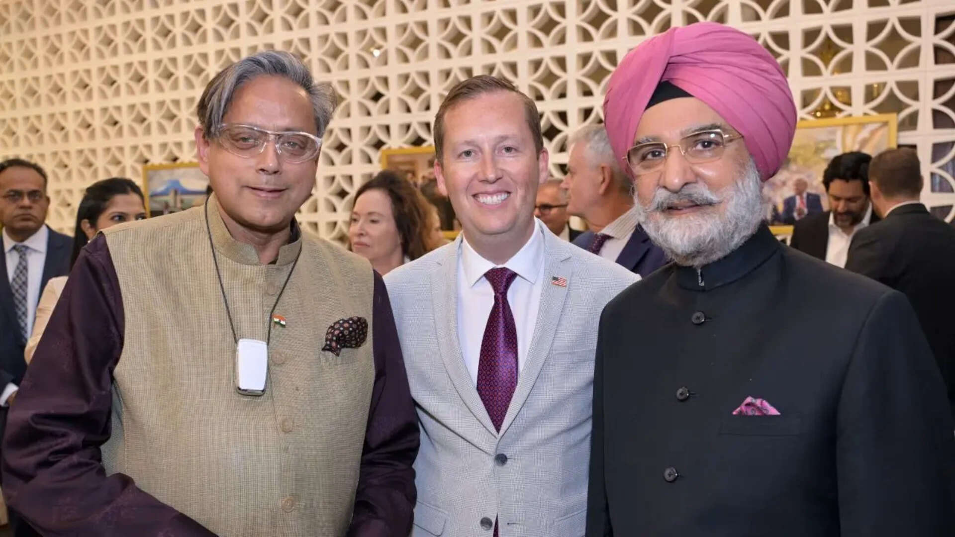 (L-R) Shashi Tharoor, Sergio Gor, US Ambassador, Taranjit Singh Sandhu, Lieutenant Governor of Delhi