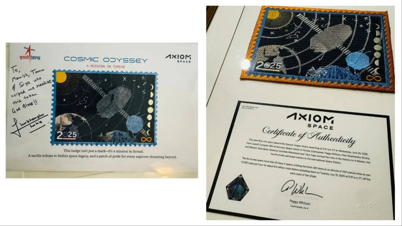 The stamp released by the Department of Posts and (R) the mission patch that travelled to space with astronaut Shubhanshu Shukla