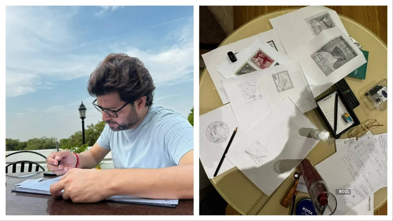 Designer Manish Tripathi during the design process of the space mission patch.