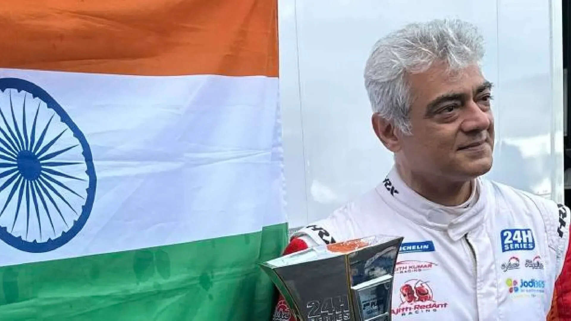 Ajith Kumar waves Indian flag after securing win in Belgium race