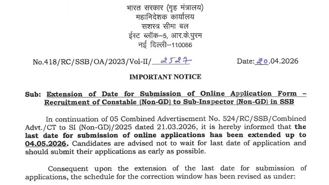 SSB constable tradesman recruitment 2026: Application deadline extended to May 4