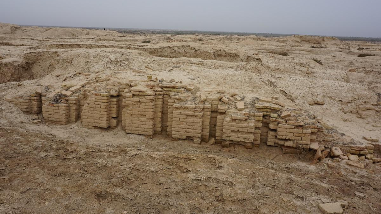 Excavated mud-brick ruins at the ancient Sumerian city of Umma in present-day Iraq.