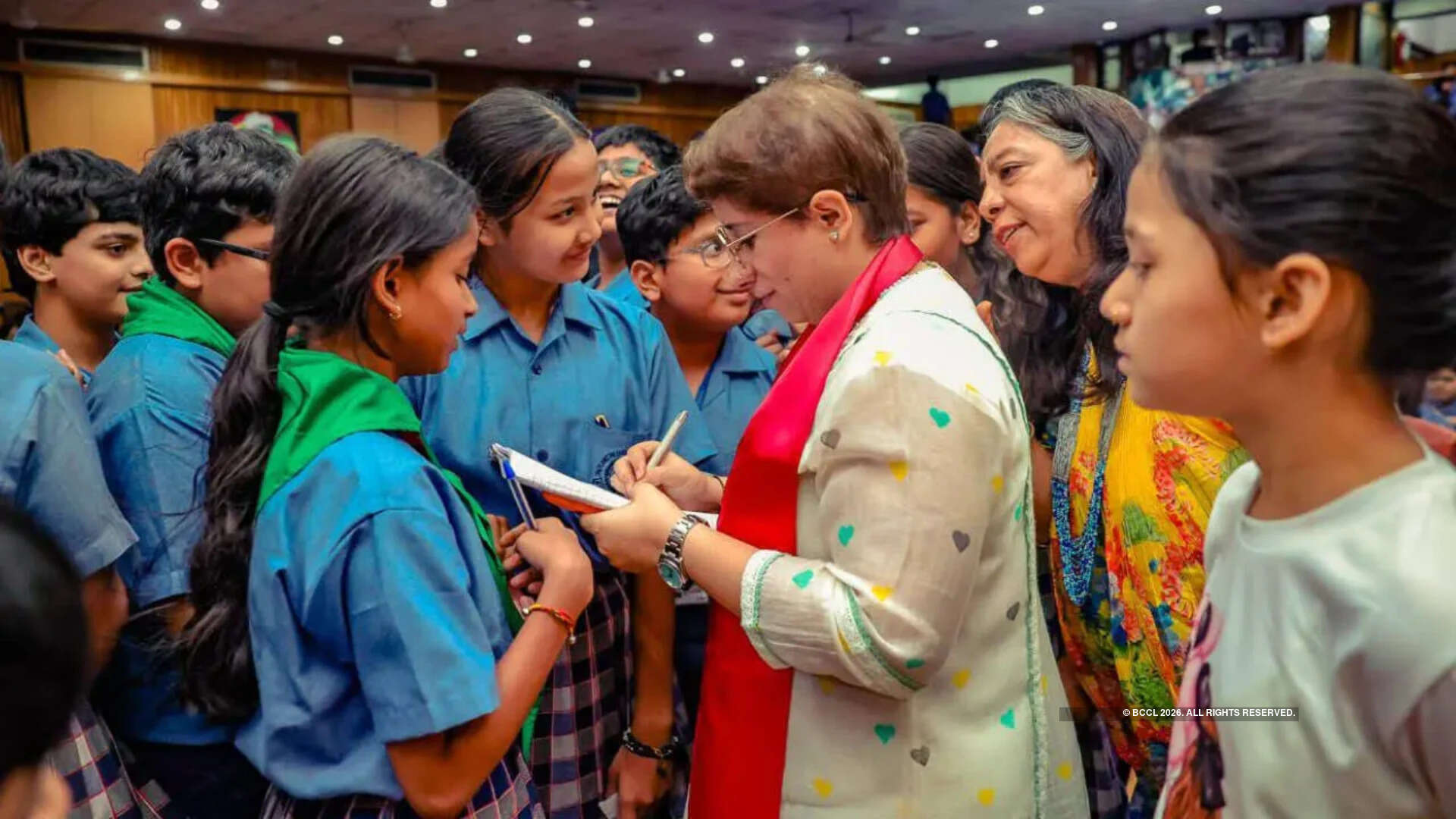 Back in her classroom element—Guneet Monga addresses students with stories from the Oscars to everyday hustle.