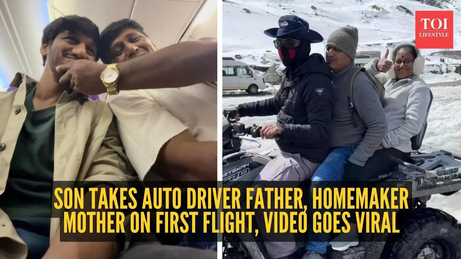 Son takes auto driver father, homemaker mother on first flight- video