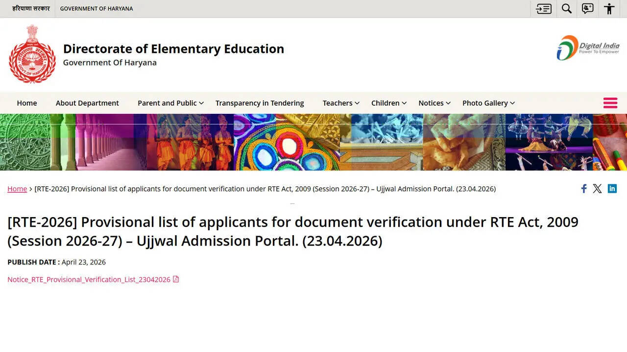 Haryana RTE 2026-27 admission list released for LKG, UKG, Nursery, Class 1; download PDF here