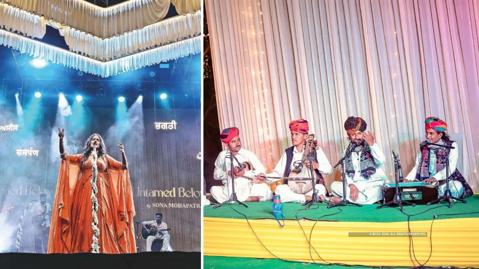 Events at Sunder Nursery range from grand setups for Jahan-e-Khusrau (L) and modest folk performances (R)