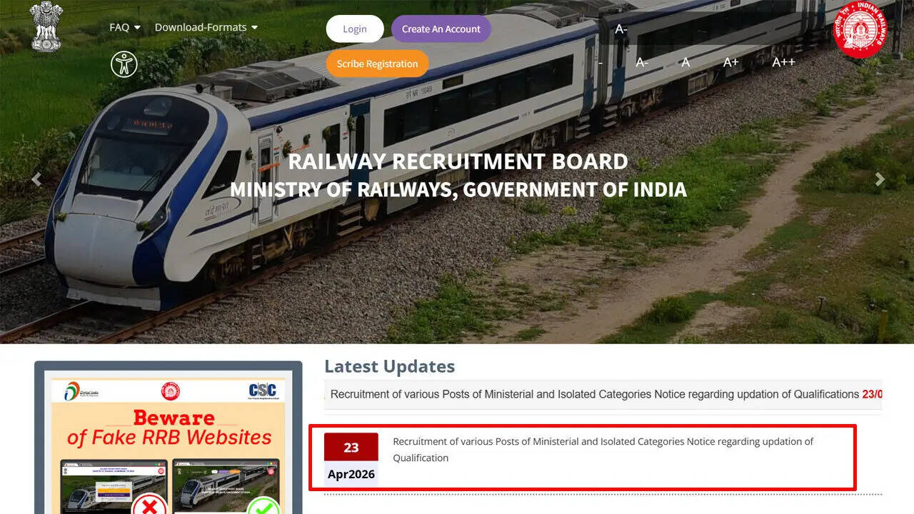 RRB opens qualification update window for ministerial and isolated posts under CEN 07/2024; check official notice here