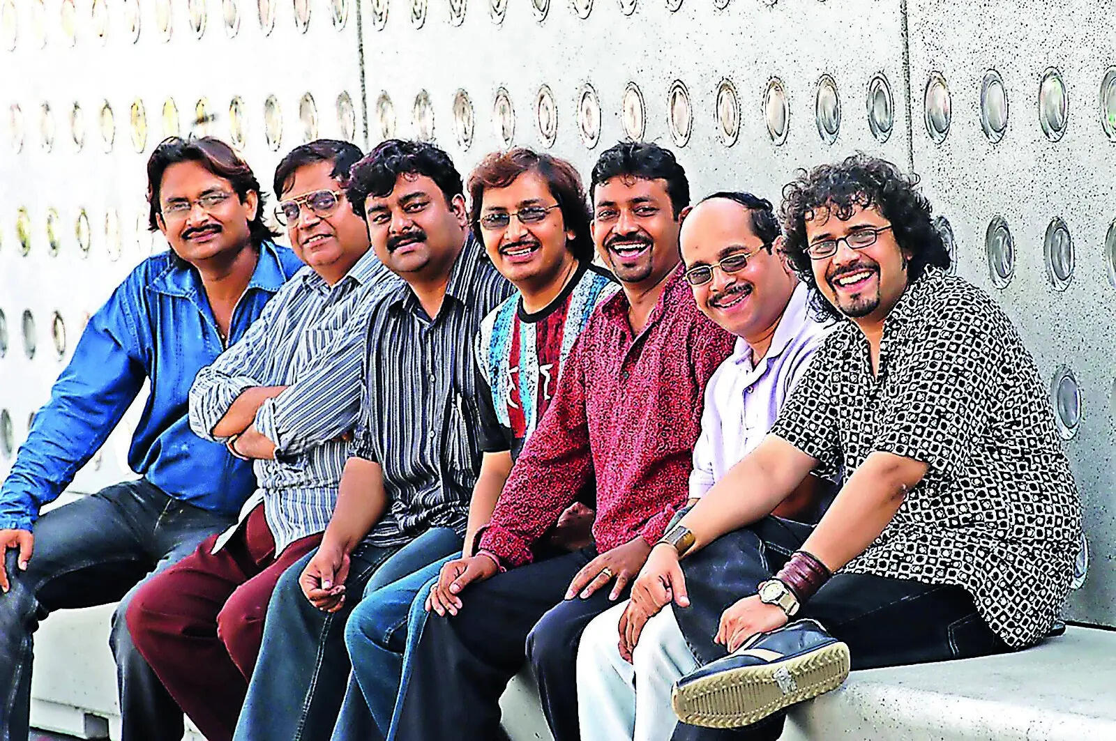 Bickram Ghosh with Jyotisankar Roy, Pt S Sekhar, Parthasarathy Desikan, Devsankar Roy, Pulak Sarkar and V Suresh during Rhythmscape’s maiden tour to Barcelona in 2003