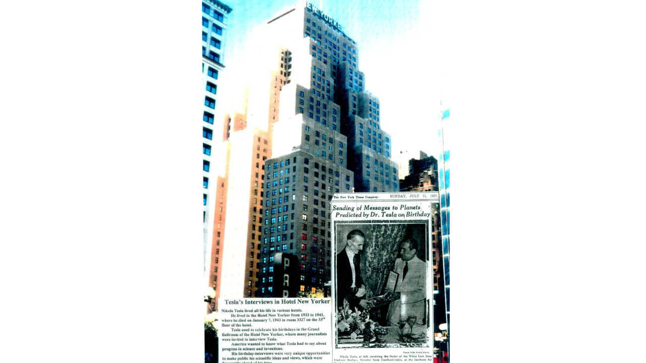 The New Yorker Hotel in Manhattan, where Nikola Tesla lived and died in 1943, shown alongside a historical newspaper clipping.