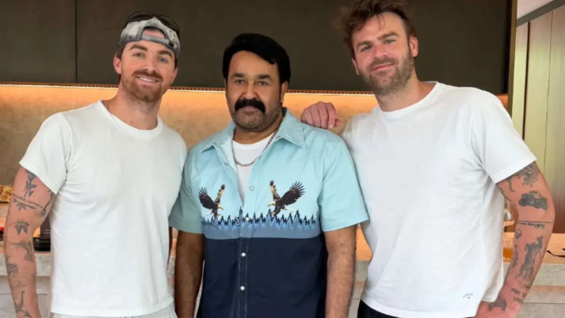 Mohanlal poses with EDM duo The Chainsmokers