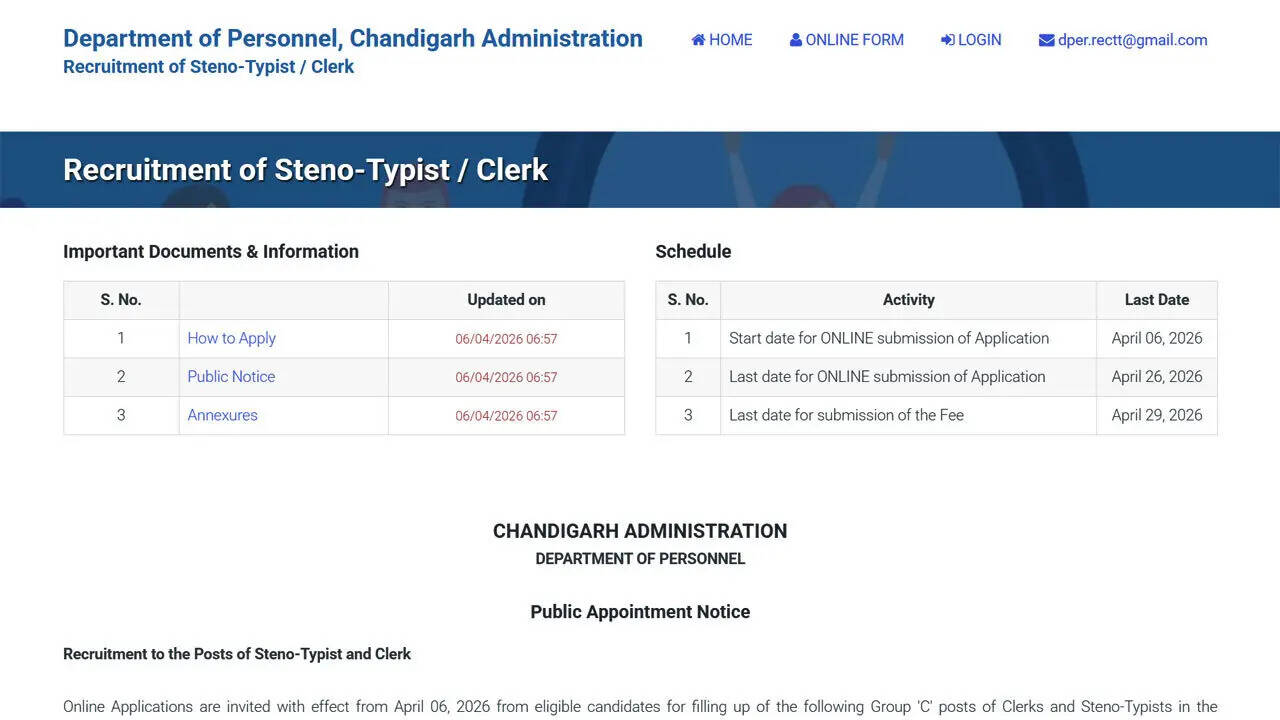 Chandigarh administration clerk recruitment 2026 last date today apply online for 257 posts: Direct link