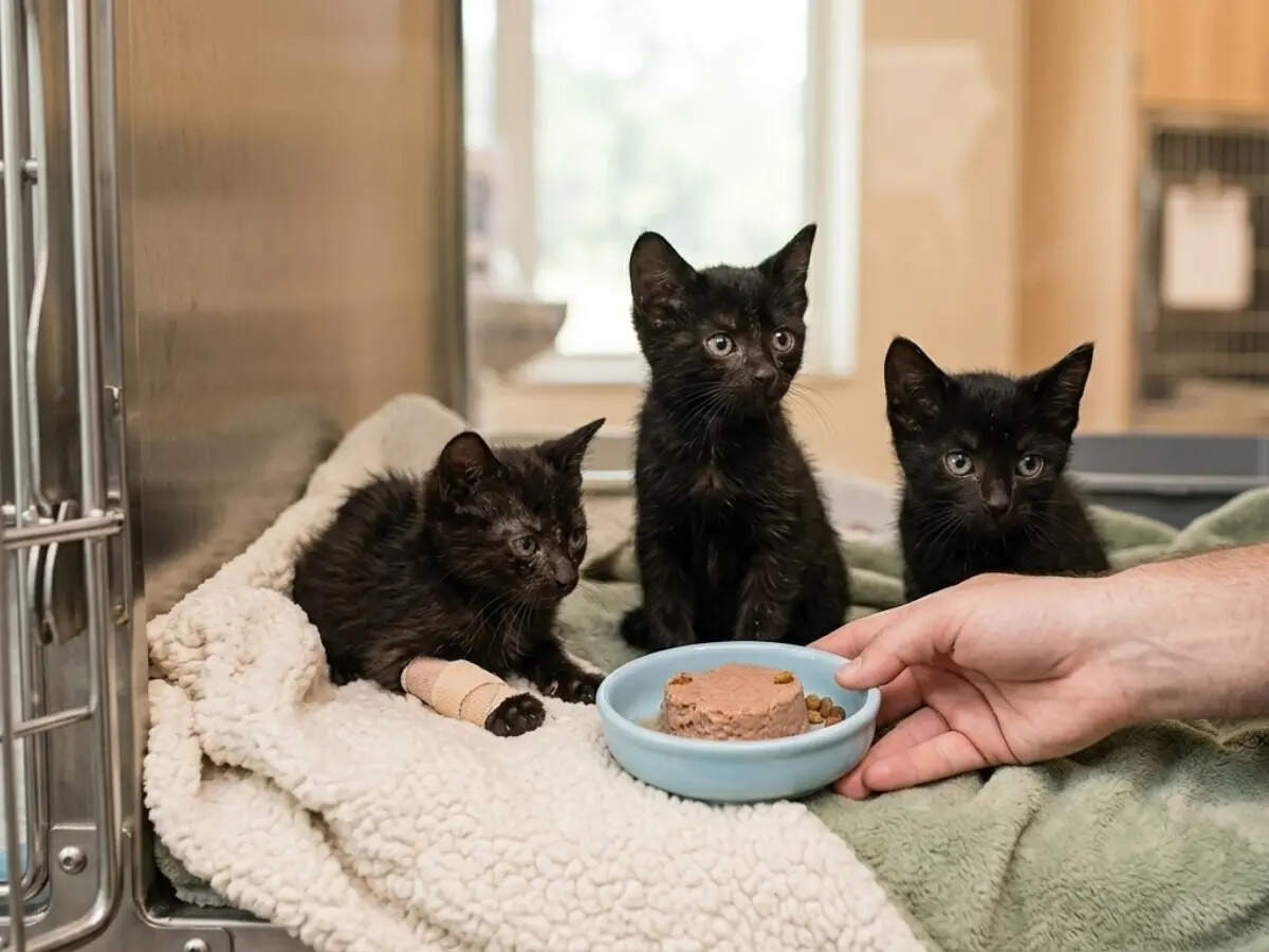 Three small kittens resting in a clean kennel