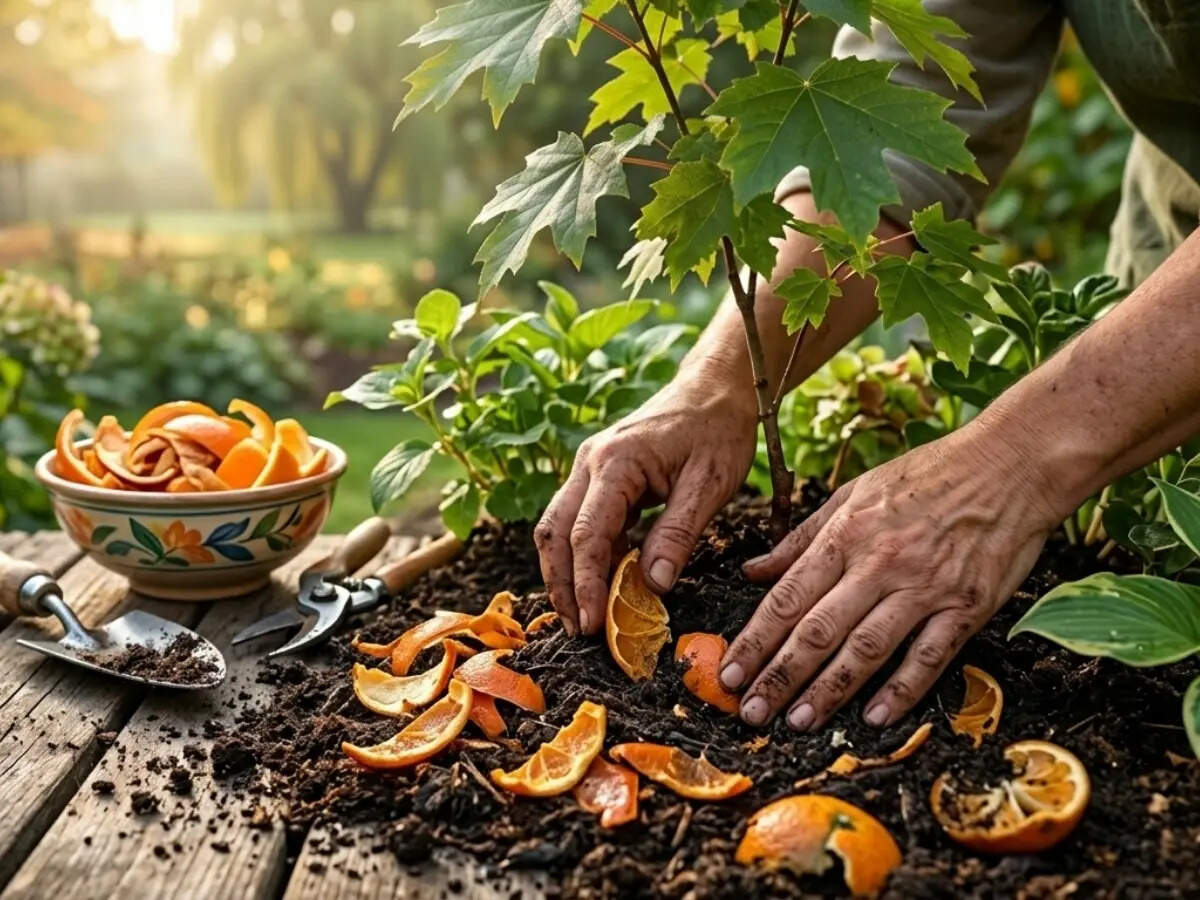 Gardener placing dried orange peels into dark, rich soil around green plants
