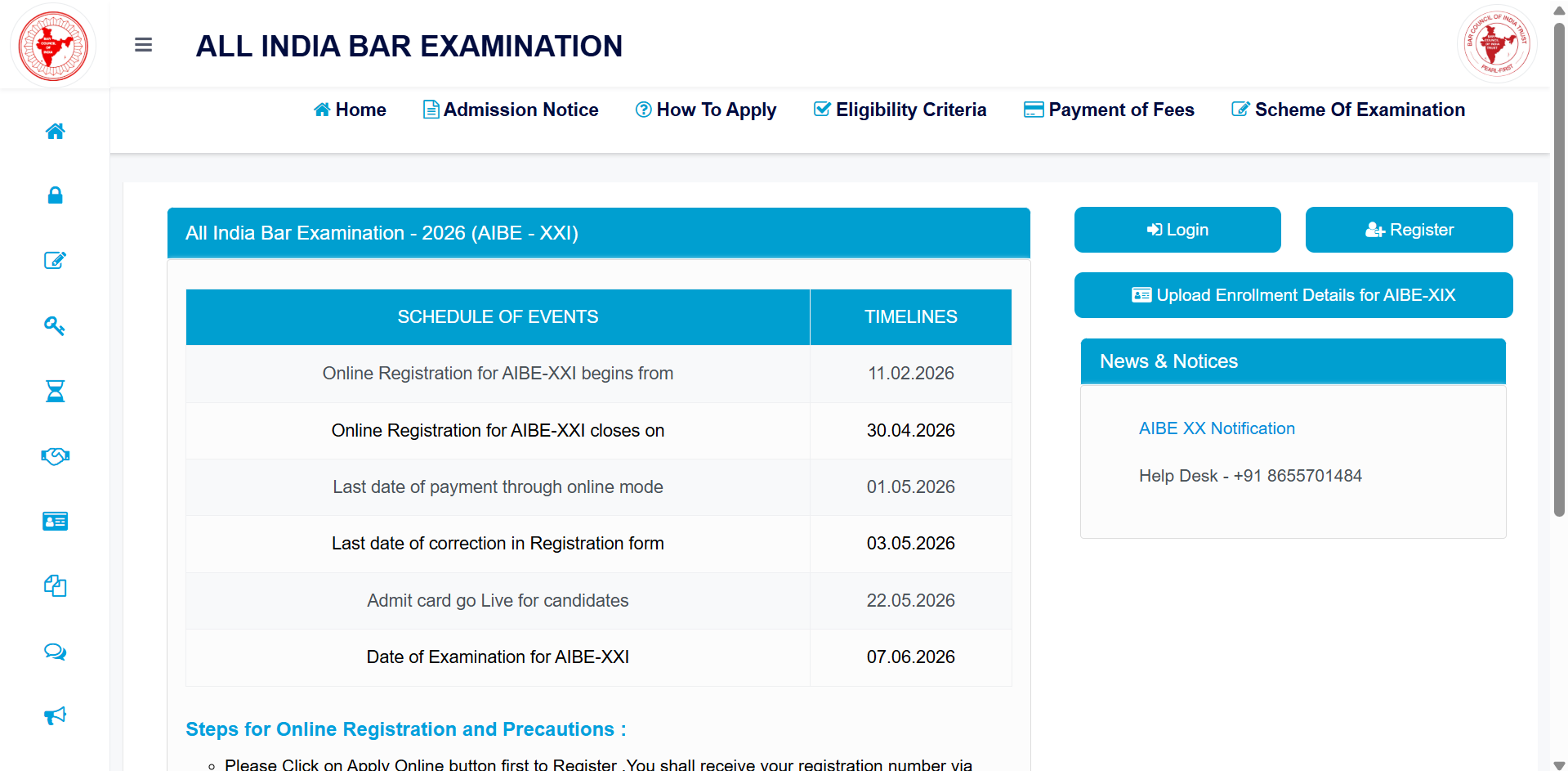 AIBE 21 registration 2026 ends today at allindiabarexamination.com: Check direct link to apply and key details here