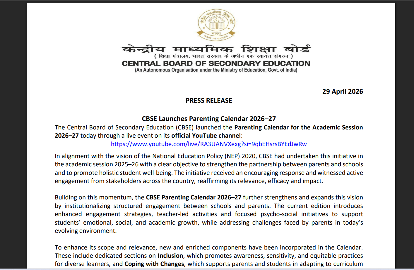 CBSE rolls out parenting calendar 2026–27 to institutionalise parent–school engagement under NEP 2020 vision