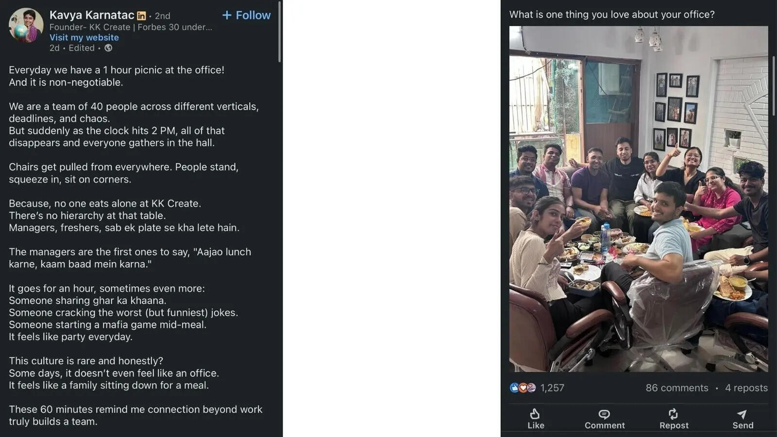Who is Kavya Karnataka? Going viral for her 'no one eats alone' – the office rule that's melting hearts online