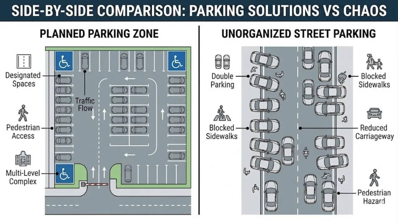 Planned parking system vs unorganized street chaos highlighting urban space misuse and pedestrian risk.