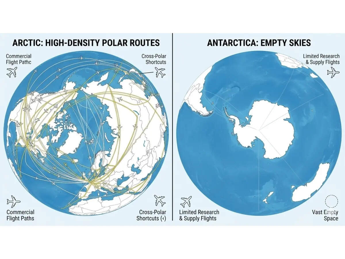Flights take polar shortcuts in the north but stay away from the south