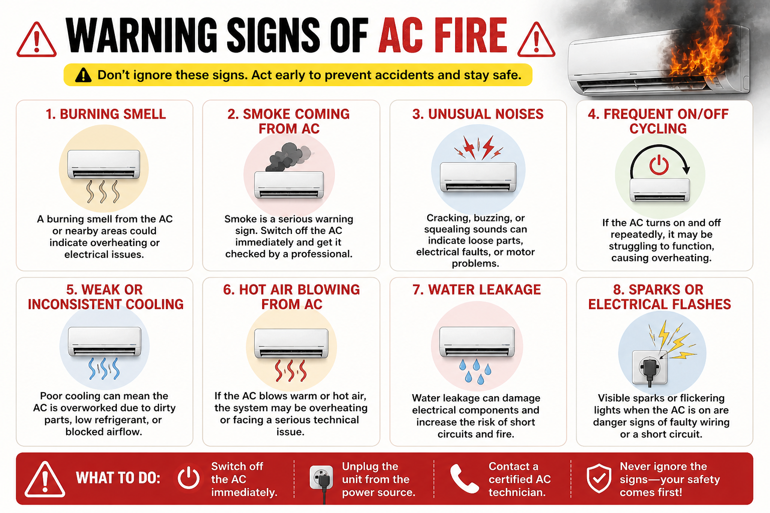 Warnings sign of AC fire (AI-generated image)
