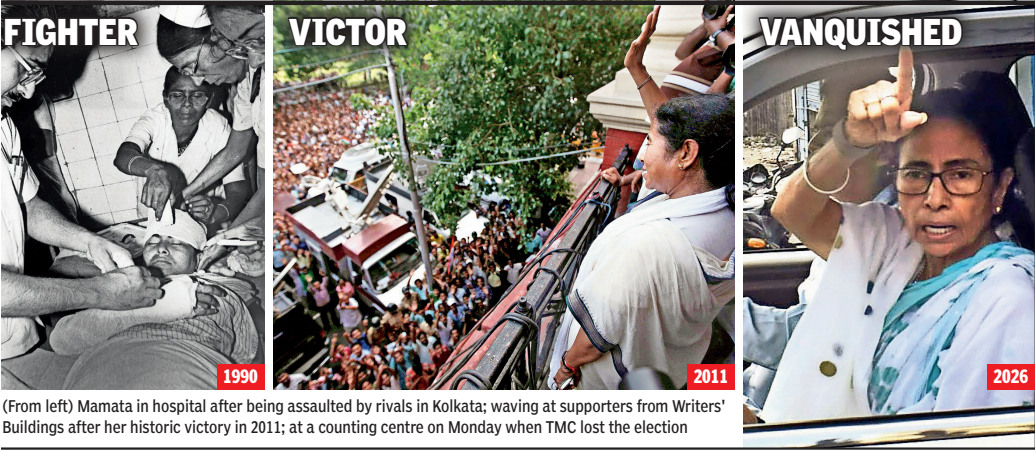 (From left) Mamata in hospital after being assaulted by rivals in Kolkata; waving at supporters from Writers' Buildings after her historic victory in 2011; at a counting centre on Monday when TMC lost the election