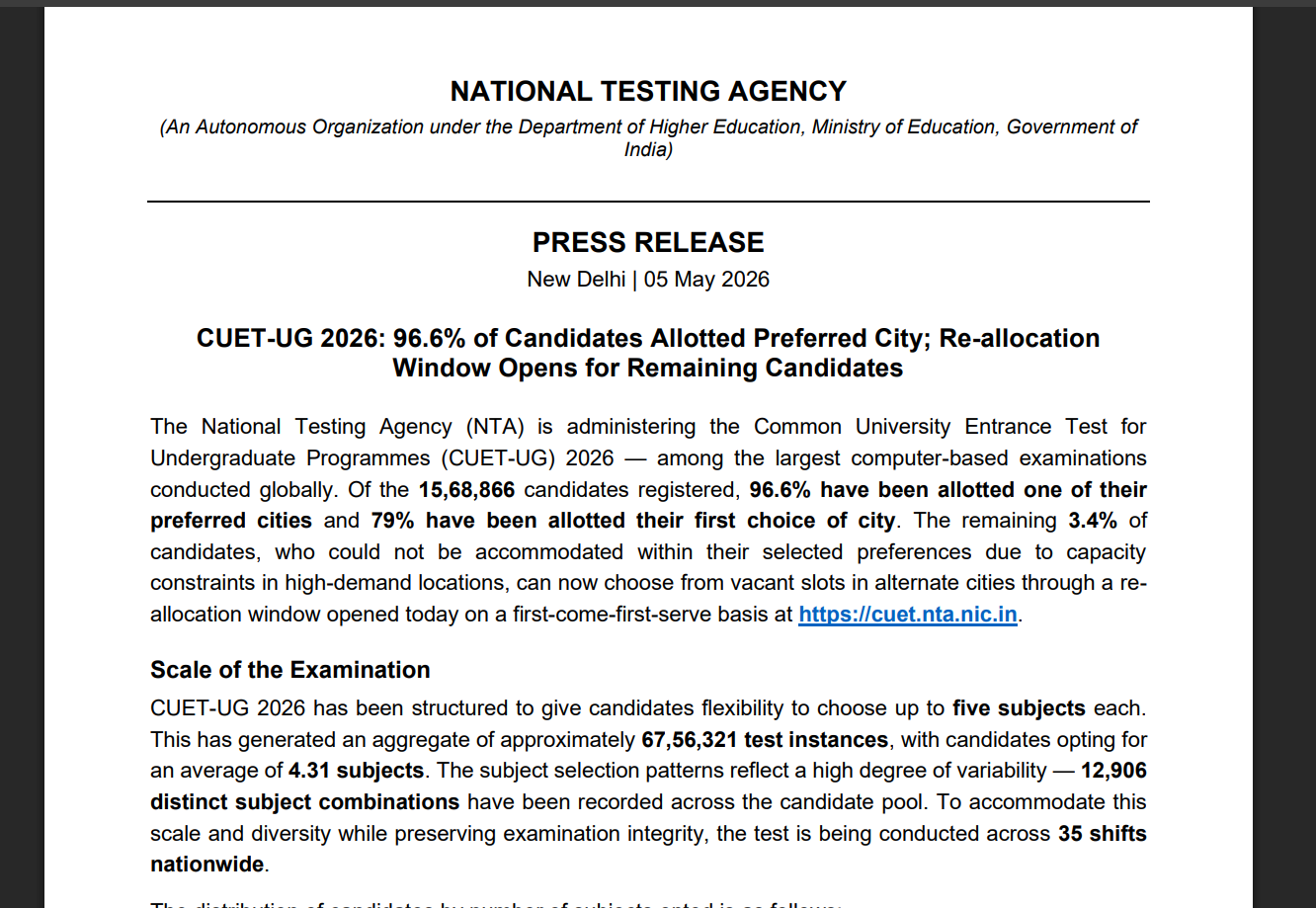 CUET UG 2026: NTA reopens city allocation window for unaccommodated candidates; check details here