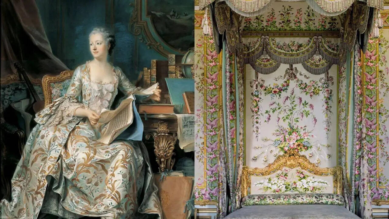 Portrait of Madame de Pompadour, mistress of King Louis XV, shown wearing a chintz gown; Detail of the bedchamber of Marie Antoinette at the palace of Versailles.