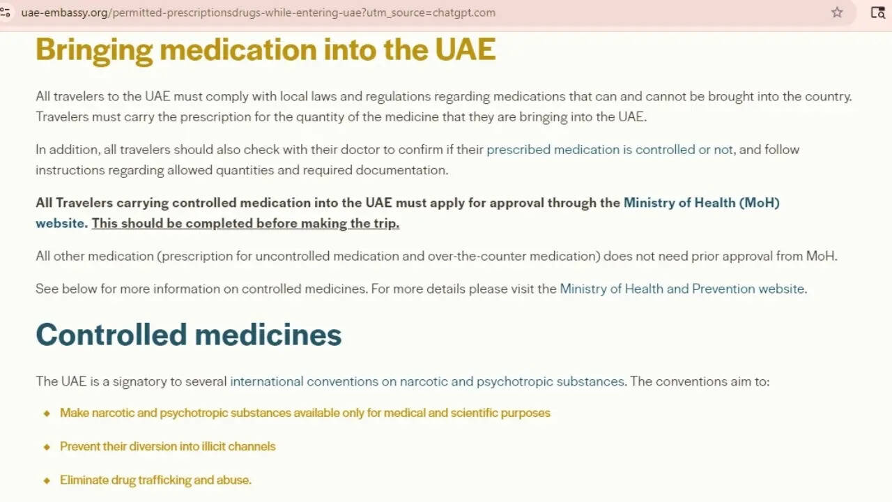 Bringing medicines into UAE