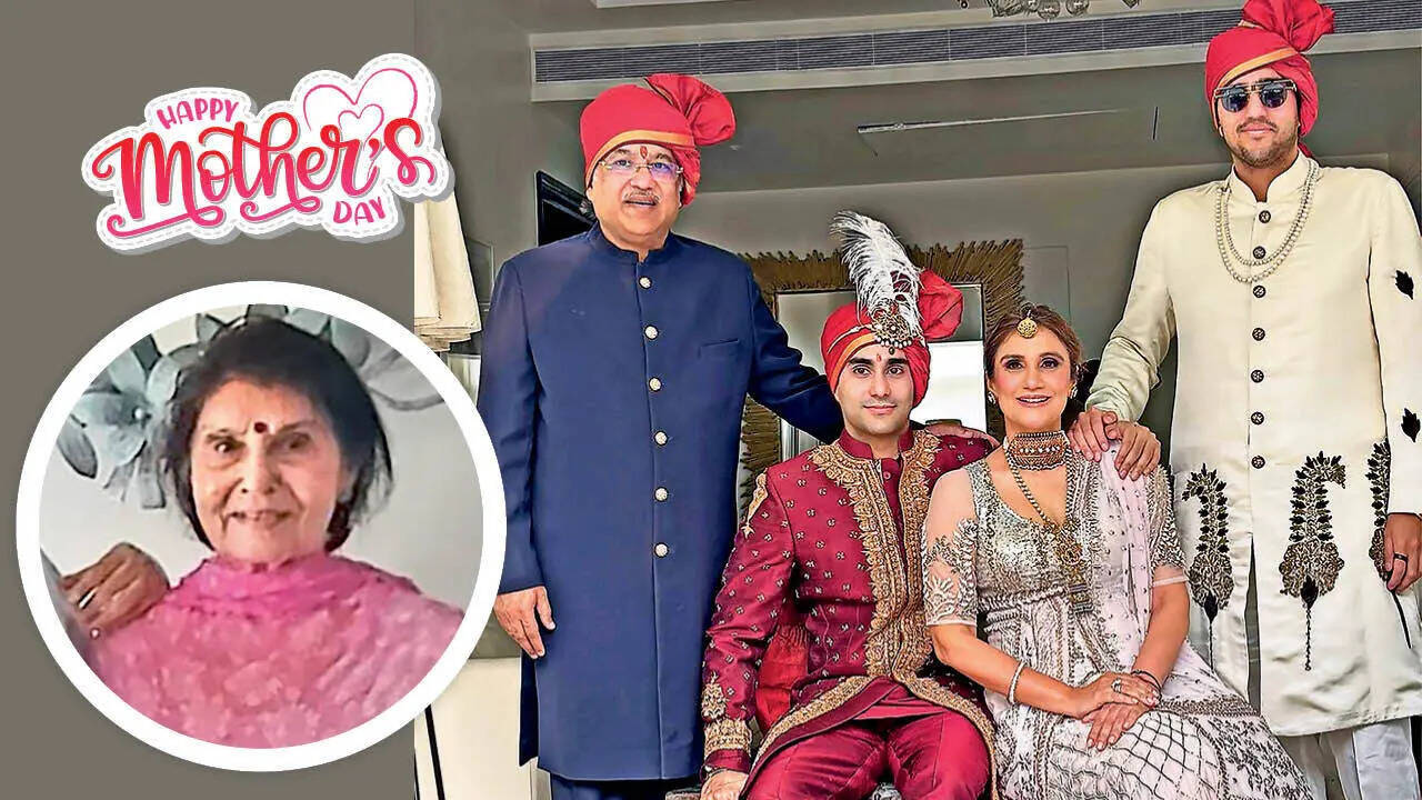 ​The fashion designer with her sons Kaith Sharma and Jai Sharma (on her left and right. Rina's mother Prem Lata Dhaka (inset)​