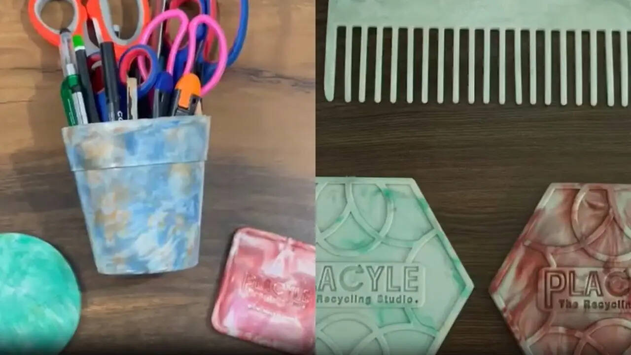 The plastic is then repurposed into products such as flowerpots and coasters that are sold to corporations