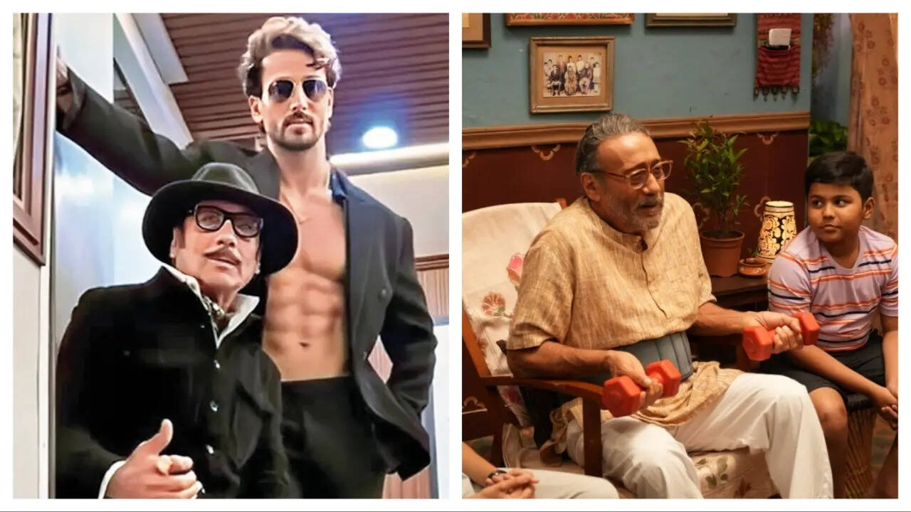 Jackie with son Tiger Shroff and (right) in a still from his film The Great Grand Superhero – Aliens Ka Aagman