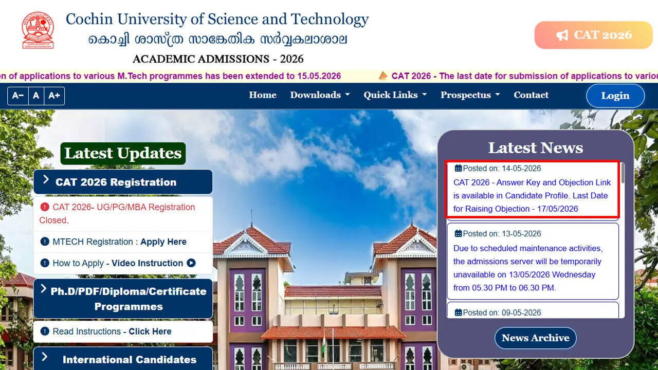 CUSAT CAT 2026 answer key released at admissions.cusat.ac.in; objection window open till May 17