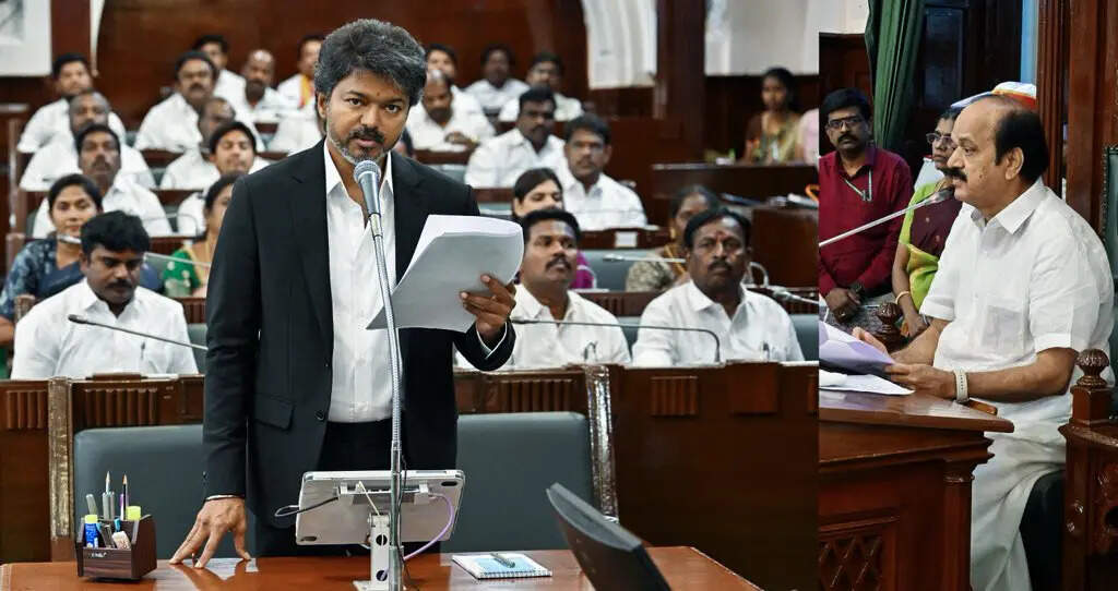 Chennai, May 13 (ANI): Tamil Nadu Chief Minister Vijay delivers a speech at the ...