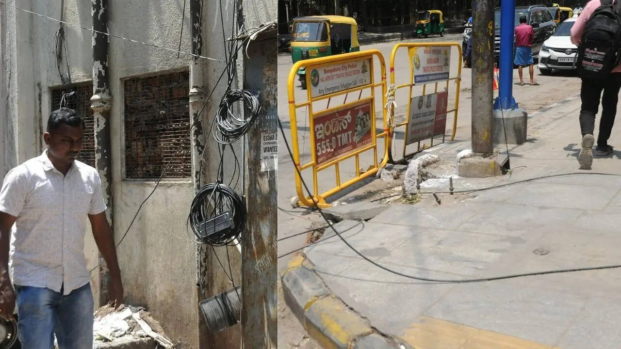 Disorderly utility wires present a public safety issue on a Bengaluru street.