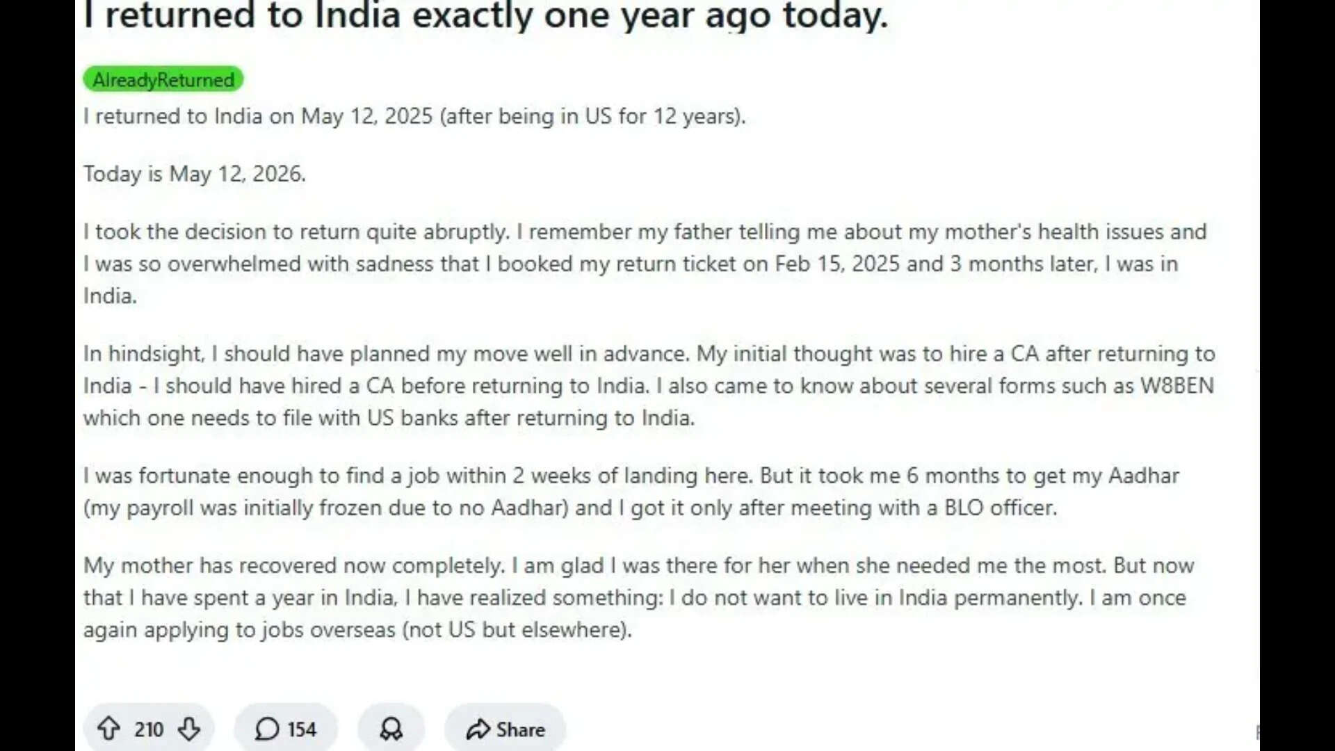 A Reddit pos<u>​</u>t on returning to India from US.