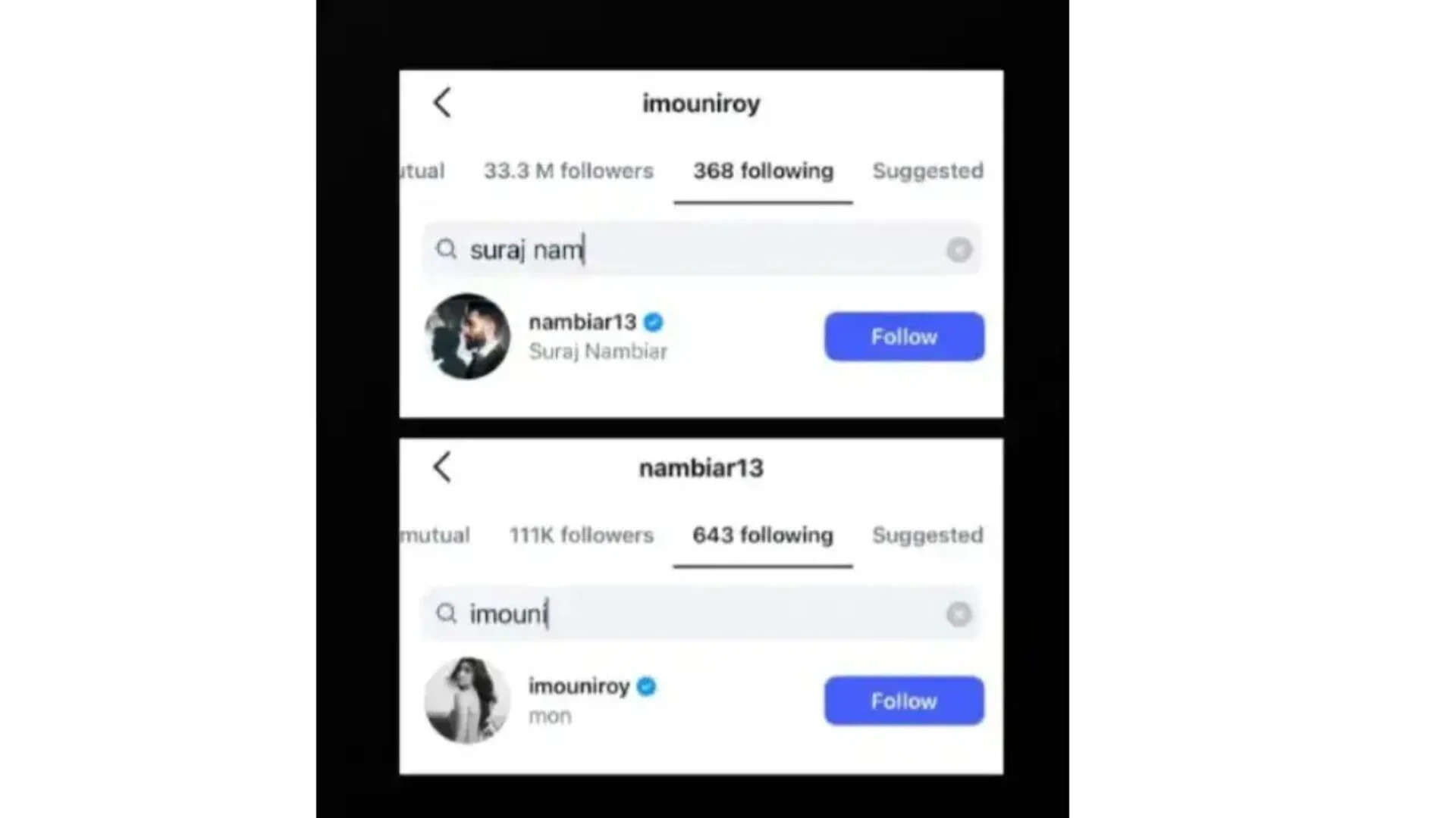 Mouni Roy and Suraj Nambiar following each other on Instagram (Image Credits Instagram)