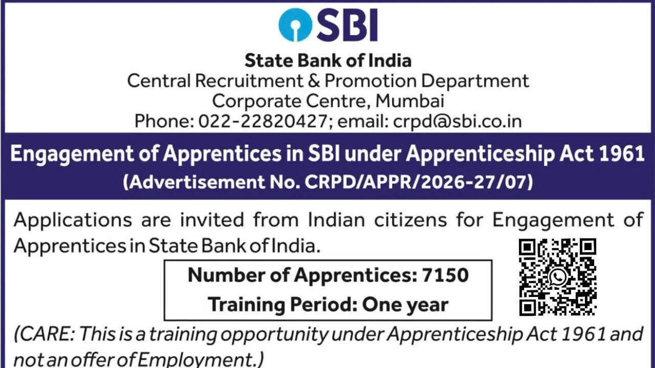 SBI apprentice recruitment 2026 notification out for 7150 posts, apply online from 19 May