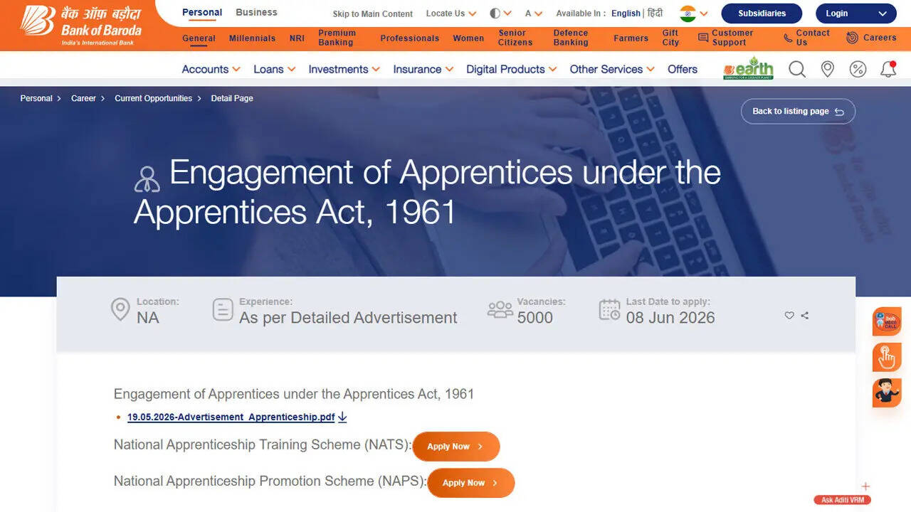 BOB apprentice recruitment 2026 begins for 5,000 graduates with 12-month training programme; check details here