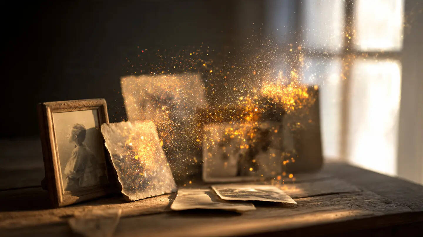 old photographs scattered on a wooden table slowly