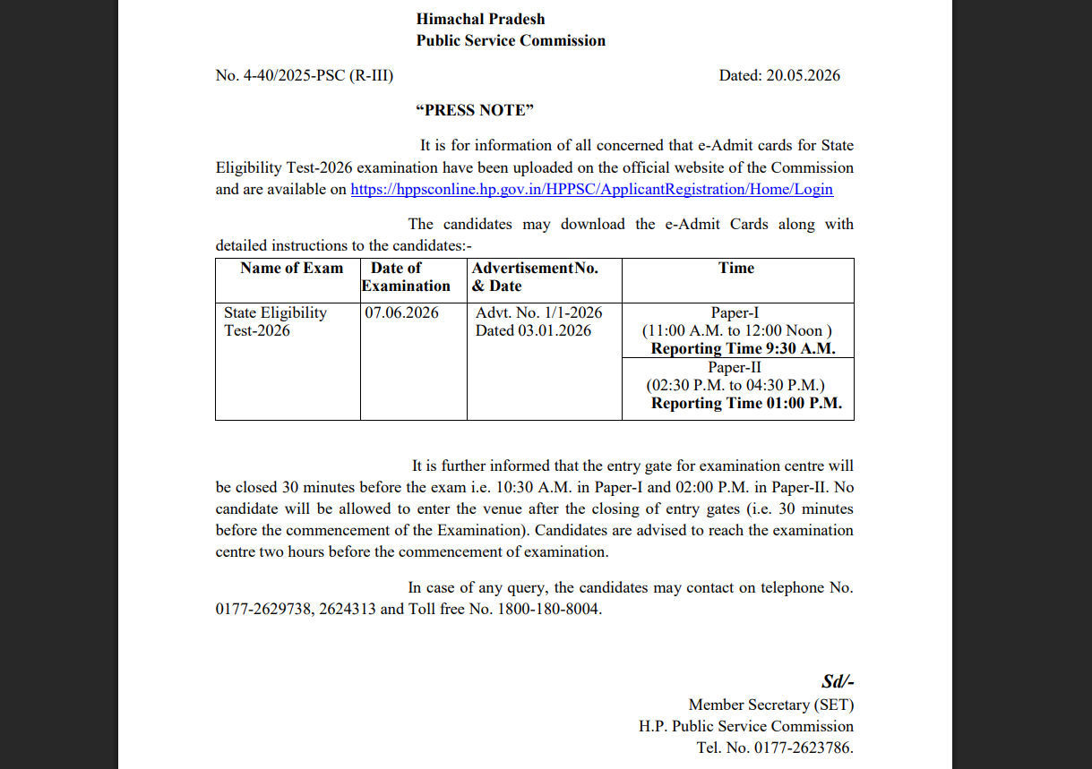 HP SET admit card 2026 released at hppsc.hp.gov.in: Direct link to download here